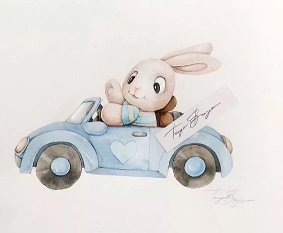 a painting of a bunny driving a car with a sign in the back that says happy easter