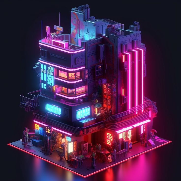 a building with neon lights in the dark