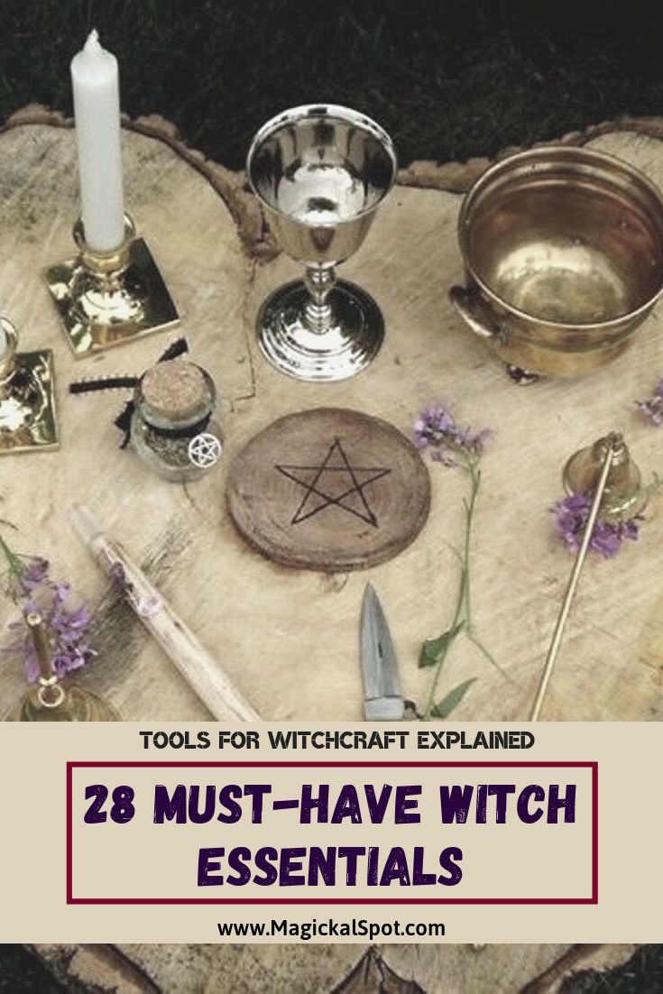 Here's a list of 28 Witchcraft tools, also known as Witch Essentials.   You can also learn a few things about each one.   It's a looong article! :)   #witchtools #witchcraft #witch The Hour Of The Witch, Witchcraft Tools For Beginners, Things Every Witch Needs, Witch Essentials List, Male Witch Fashion, Witch Supplies List, Witchcraft Supplies List, Witchcraft Altar Ideas, Witch Altar Ideas