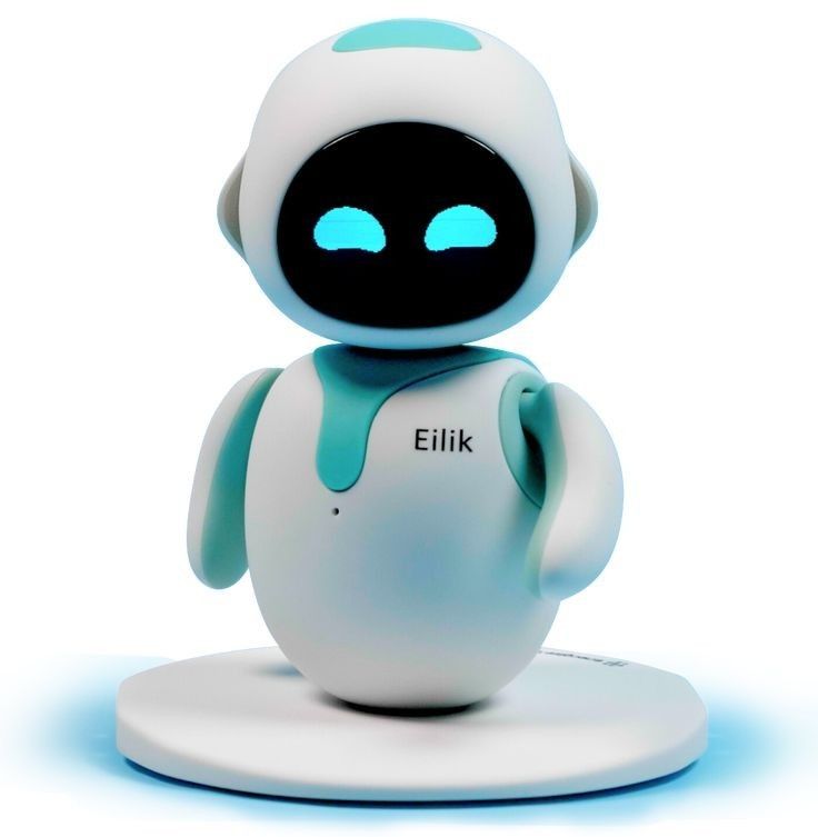 an electronic toy with glowing eyes and head is standing on a white base, looking at the camera