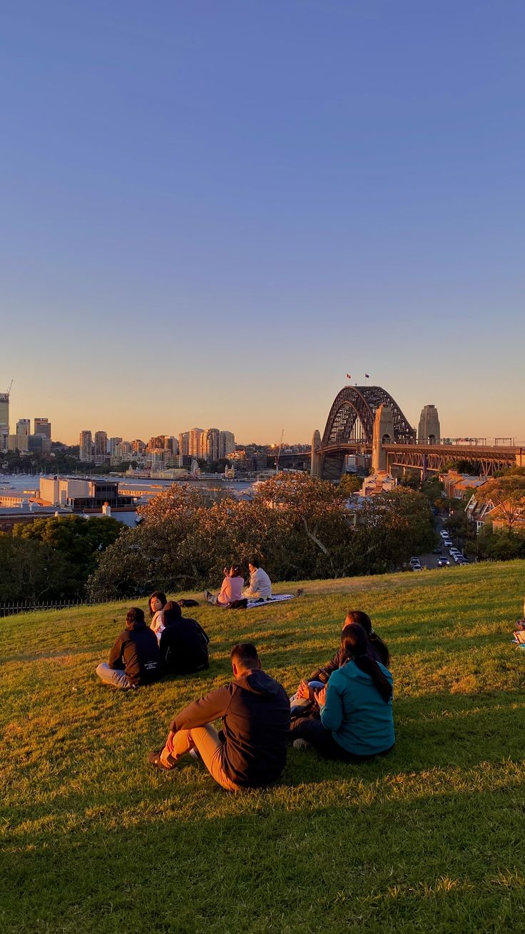 several people sitting on the grass in front of a cityscape and bridge at sunset