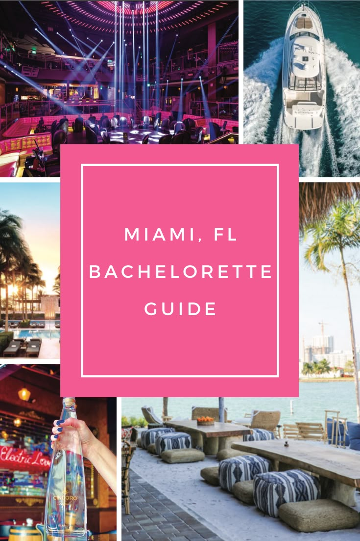 the miami beachfronte guide with pictures of boats and palm trees, including a pink square