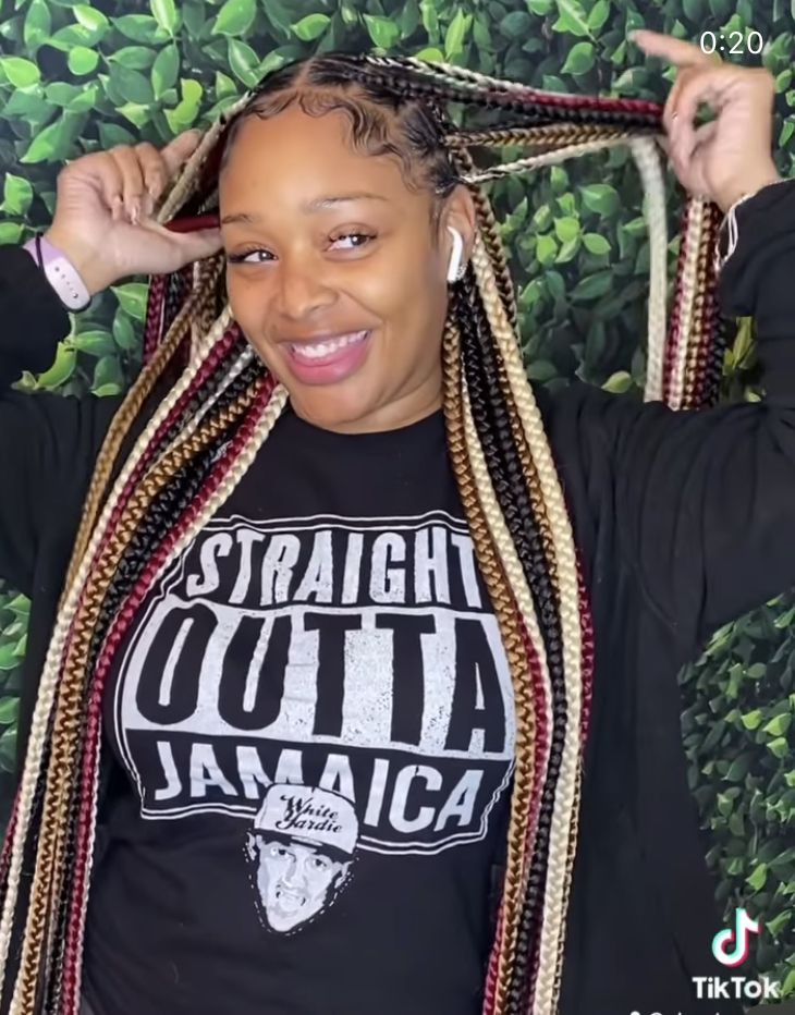 Plaits With Color For Black Women, Braids With Multiple Colors, Tricolor Box Braids, Black Women Colored Braids, Tri Color Braids, Multicolored Box Braids, Three Color Braids, Tricolor Braids, Two Toned Braids Black Women