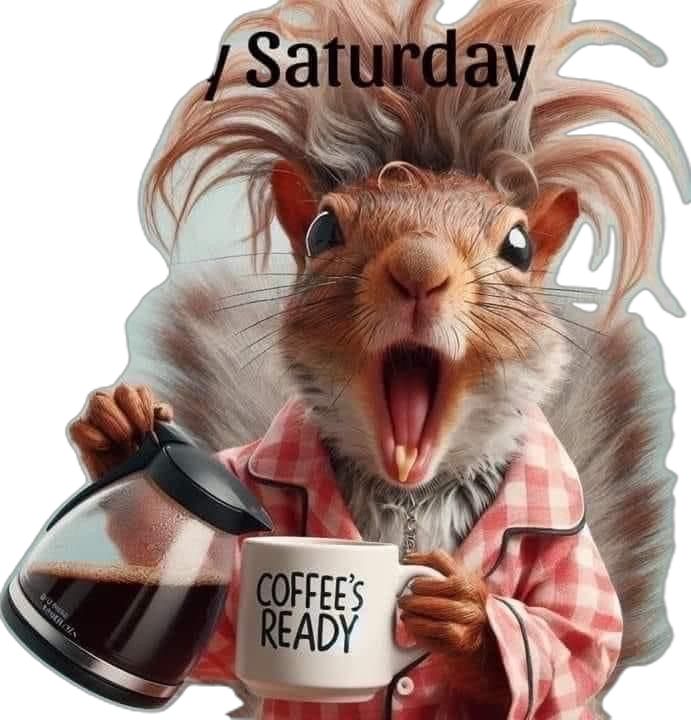 a squirrel holding a coffee mug with its mouth open and the words coffee's ready on it