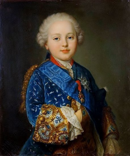 a painting of a young boy in blue and gold clothing holding a golden glove with his right hand