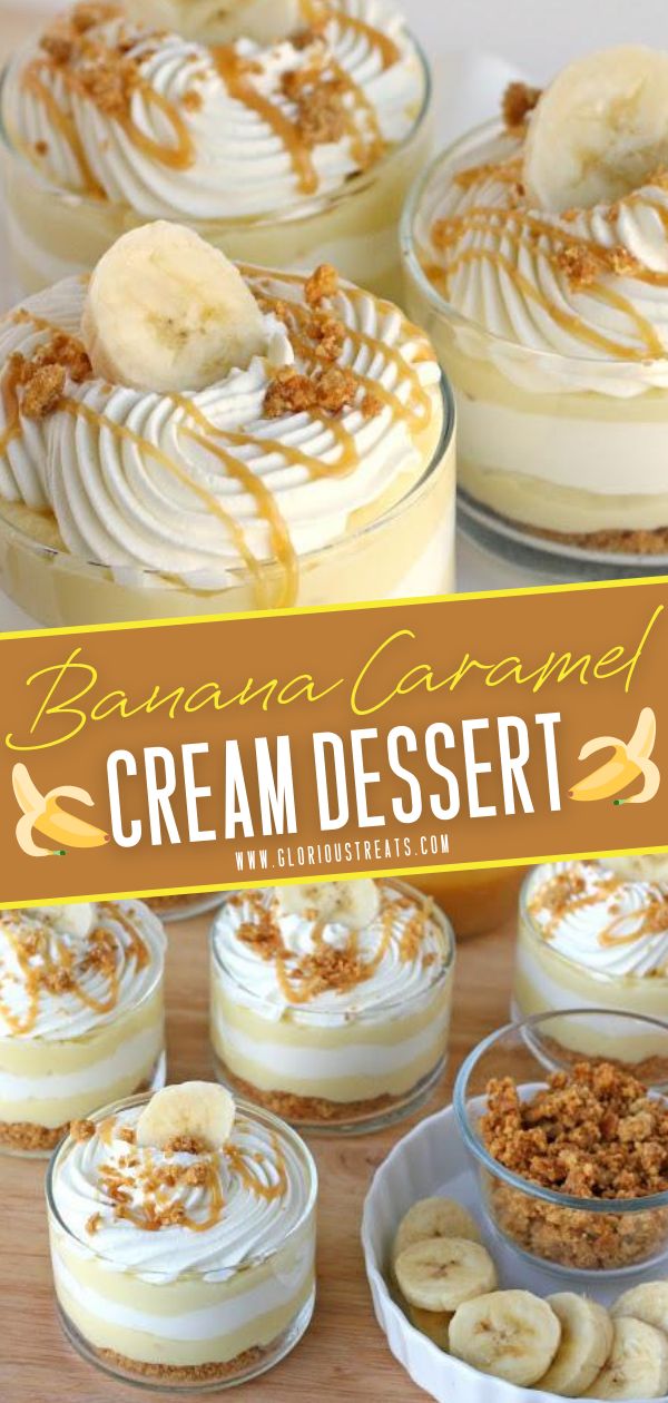 banana caramel cream dessert in small glass dishes