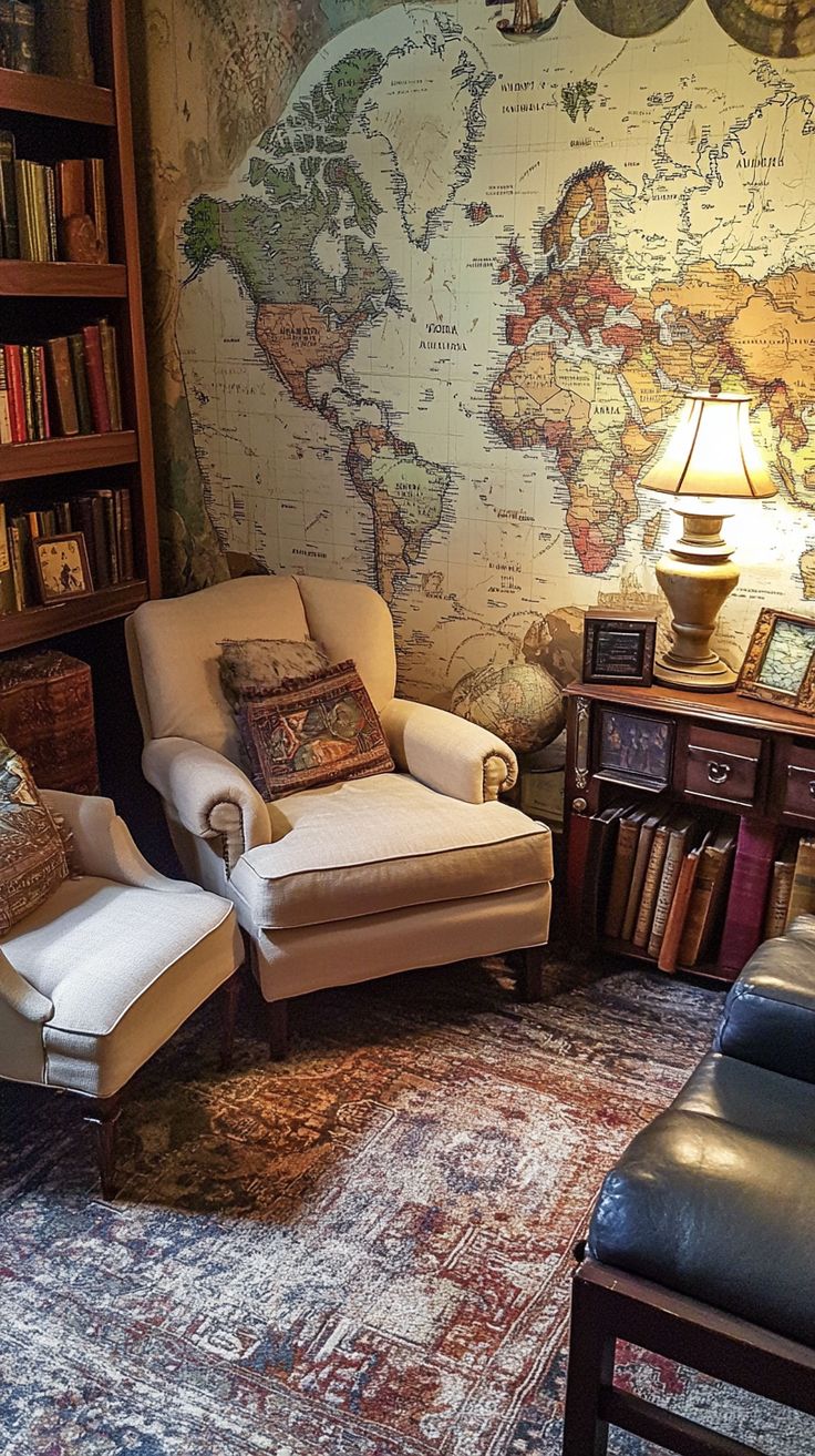 a living room filled with furniture and a large map on the wall