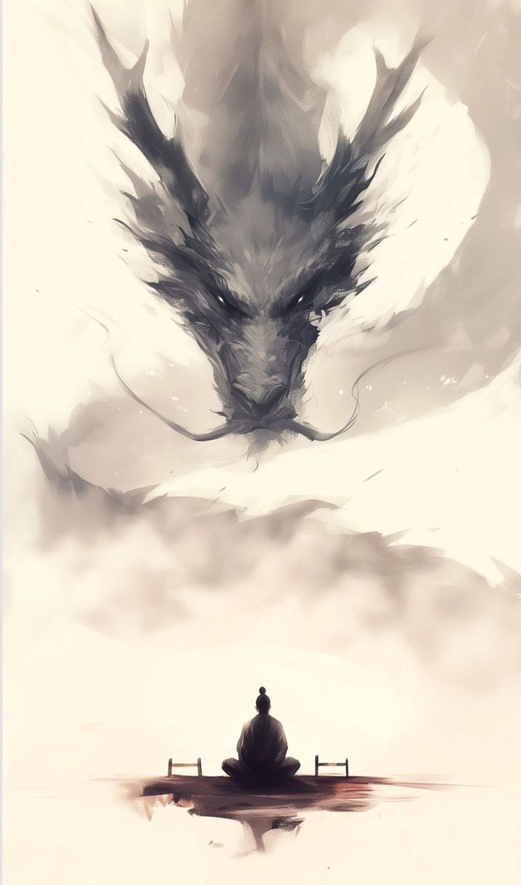 a man sitting on top of a bench next to a giant dragon flying over him