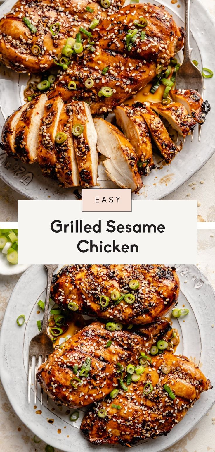 grilled sesame chicken on a plate with the title overlaying it's image