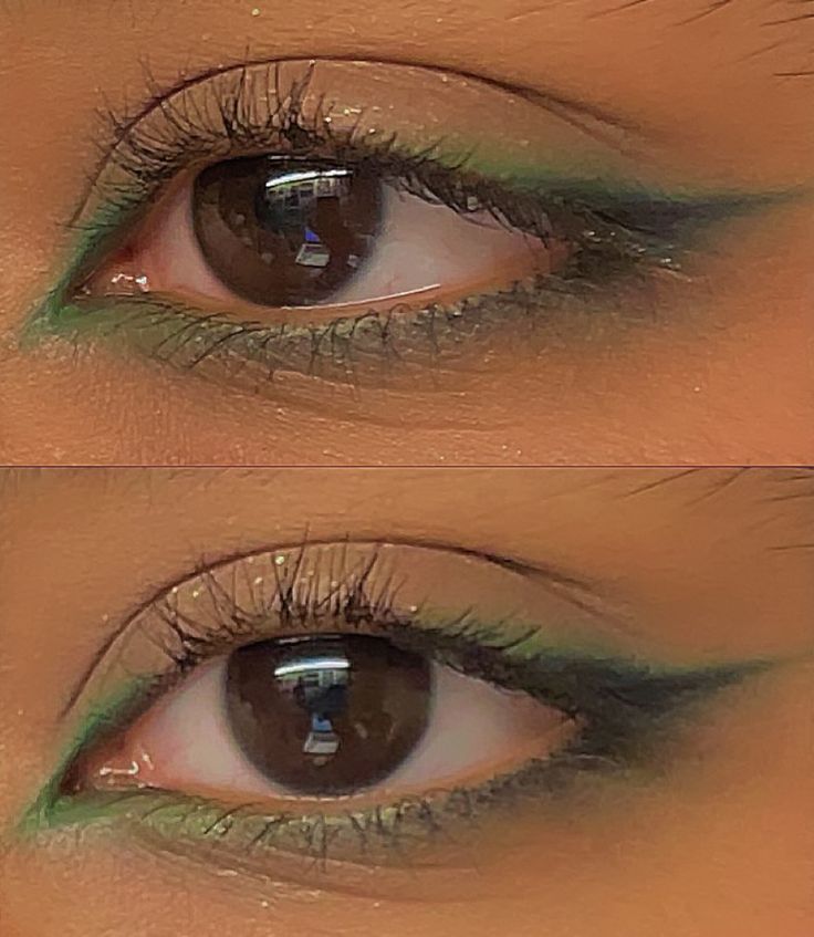 Green Underline Makeup, Makeup Ideas Natural Green Eyes, Green Ball Makeup, Fun Makeup Ideas Green, Green Waterline Makeup Brown Eyes, Formal Makeup Looks Green Eyes, Princess Jasmine Inspired Makeup, Green Leaf Makeup, Fairy Core Makeup Aesthetic