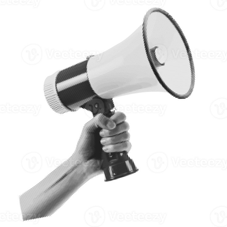 a hand holding a white and black megaphone on it's left side,