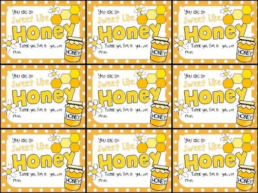 six yellow and white labels with the words honey in each one, on top of each other