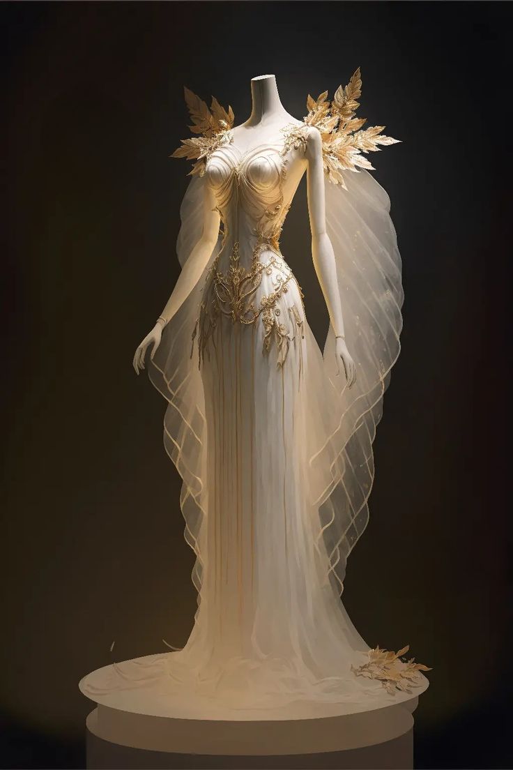 Fantasy Dress White And Gold, Moon Goddess Aesthetic Dress, Winged Wedding Dress, Wind Inspired Dresses, White And Gold Goddess Dress, Sun Ballgown, Dove Inspired Dress, Queen Dress Royal Fantasy, Ethereal Goddess Dress