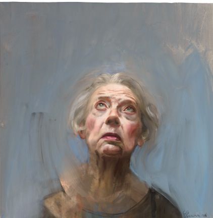 a painting of an older woman looking up