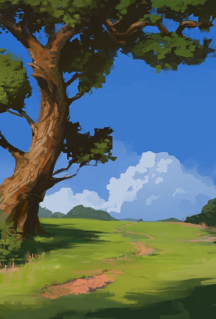 a painting of a tree in the middle of a grassy field with blue sky and clouds