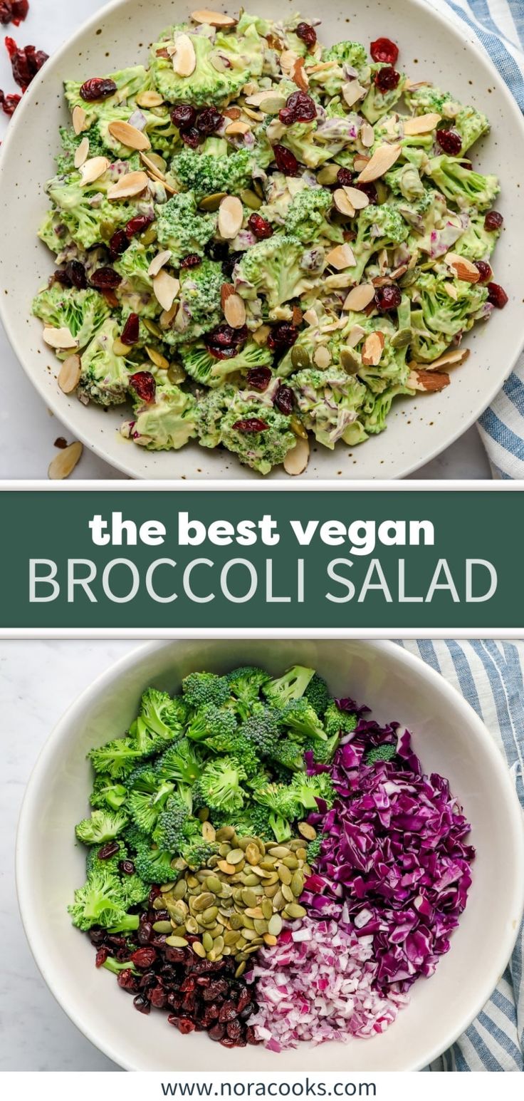 broccoli salad with cranberries and almonds in a white bowl