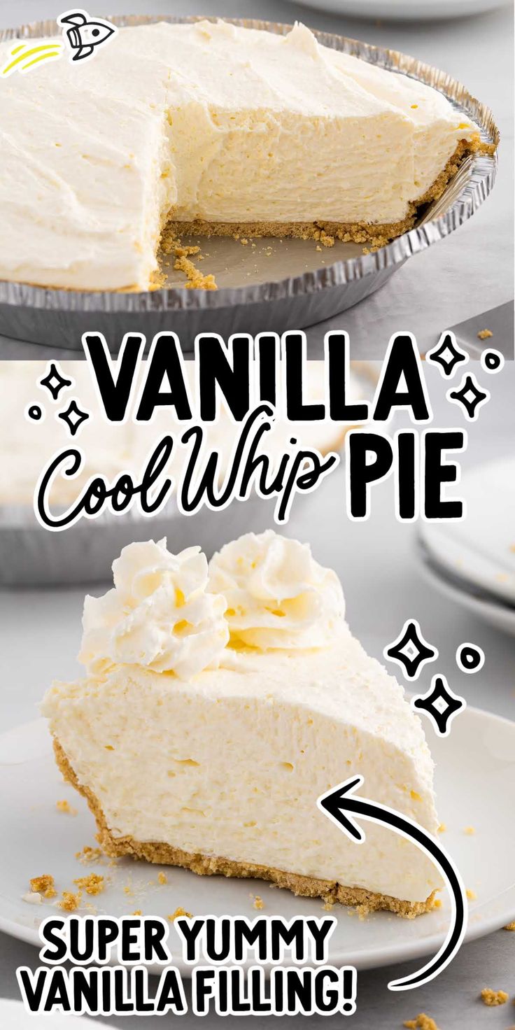 the recipe for vanilla ice cream pie is shown in three different stages, including one slice missing