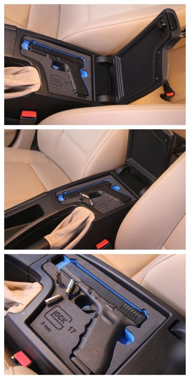 there are two pictures of the inside of a car's console compartment, and one is empty