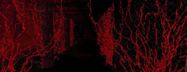 the dark hallway is covered in red paint and spooky branches are growing on the walls