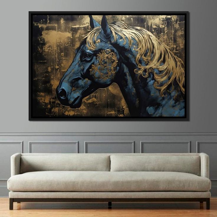 a painting of a horse on a wall above a couch in a room with gray walls