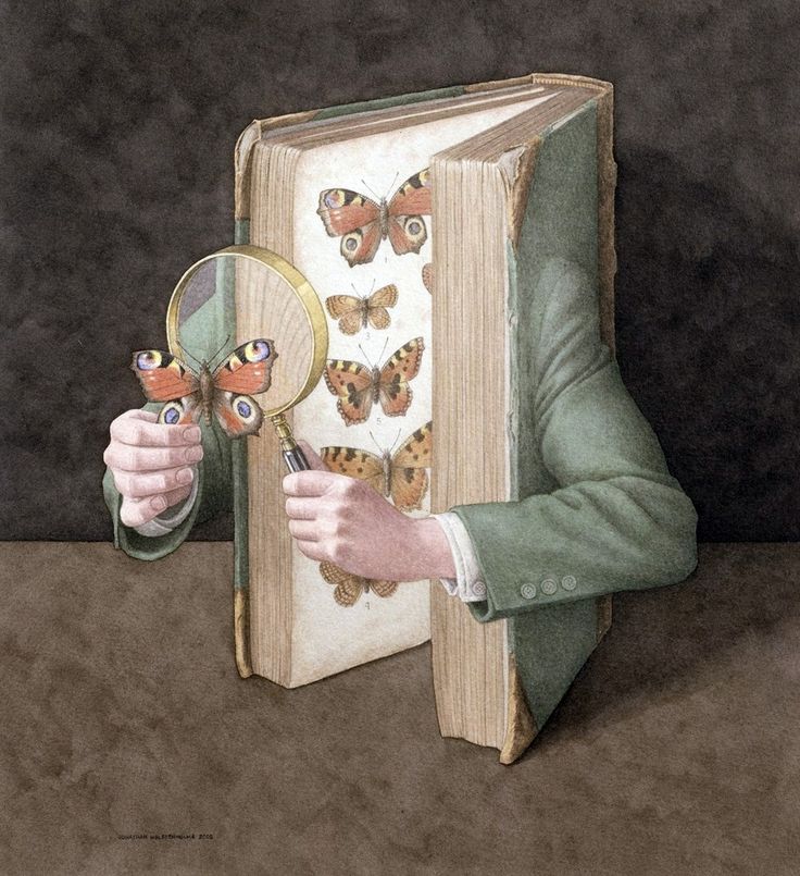 a man holding a magnifying glass looking at a book with butterflies on it