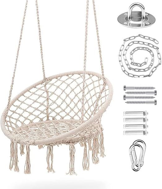 a macrame hanging chair with various accessories including hooks and clips to hang it