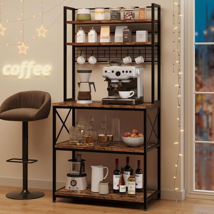 the coffee bar is set up in front of a window with string lights and decorations