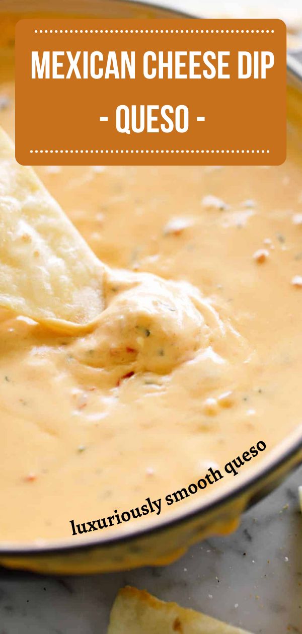 mexican cheese dip in a bowl with tortilla chips on the side and text overlay