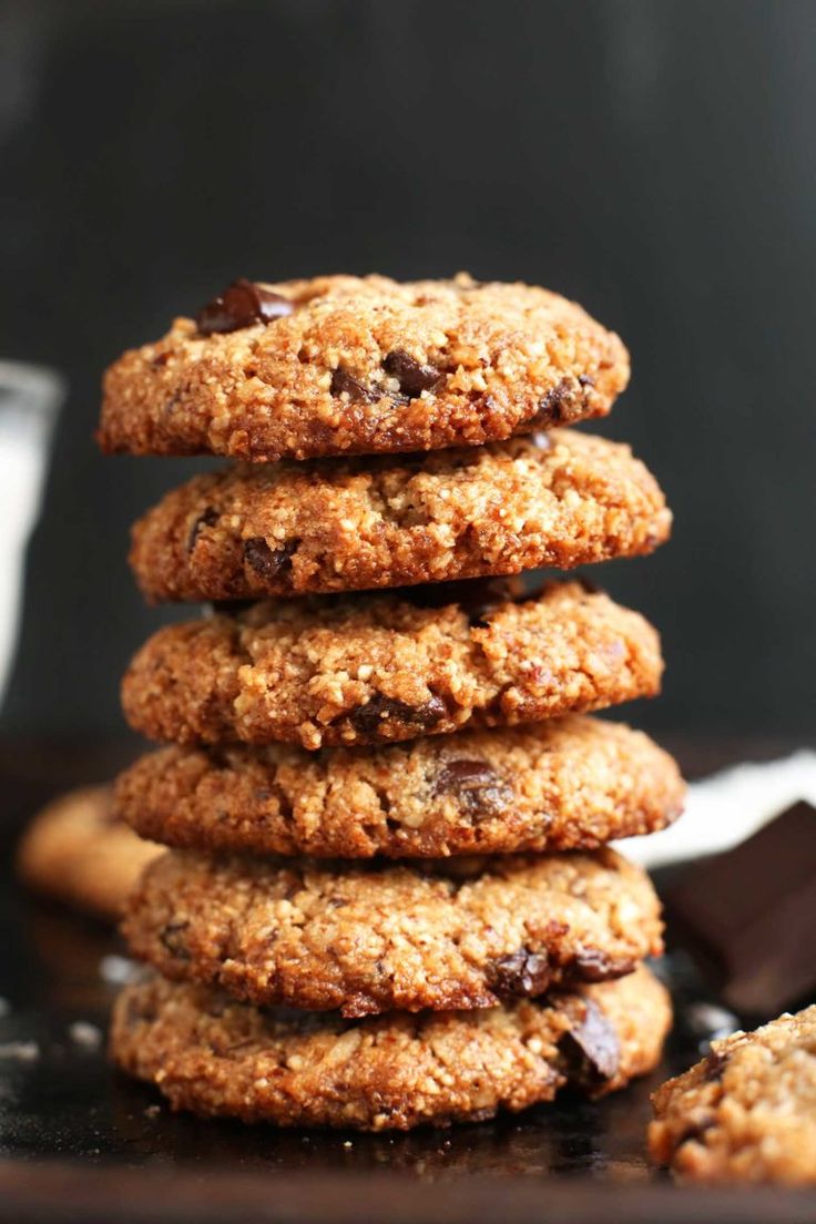 chocolate chip cookies stacked on top of each other