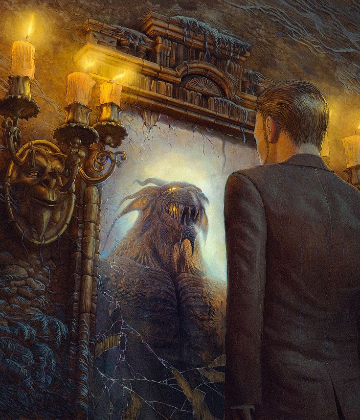 a painting of a man standing in front of a mirror with a monster on it