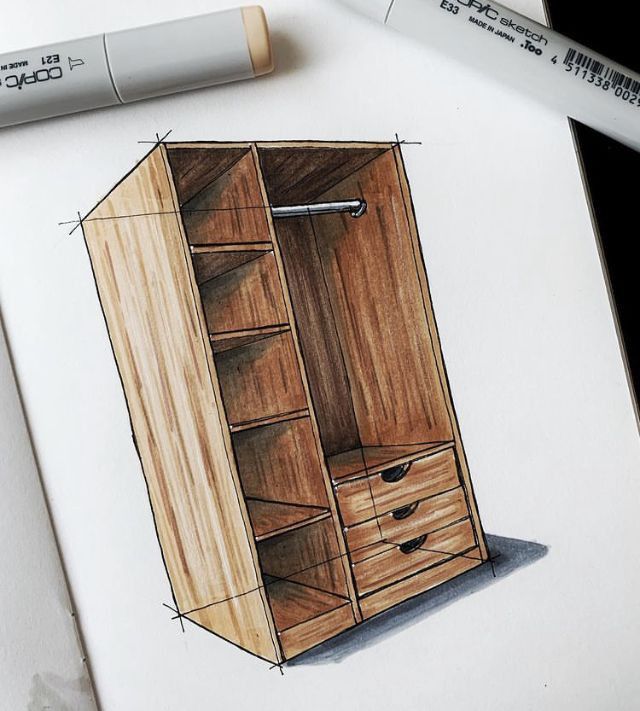 a drawing of a wooden armoire with drawers on it and a pen next to it