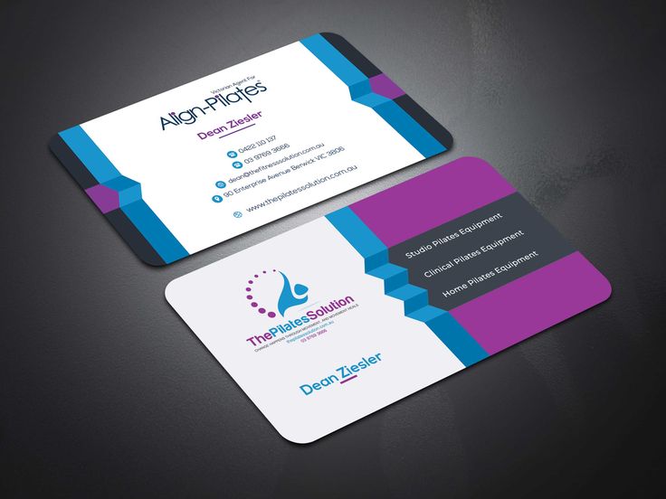 two business cards with different colors and designs on the front, one in purple and blue