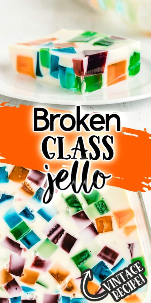 broken glass jello on a plate with text overlay