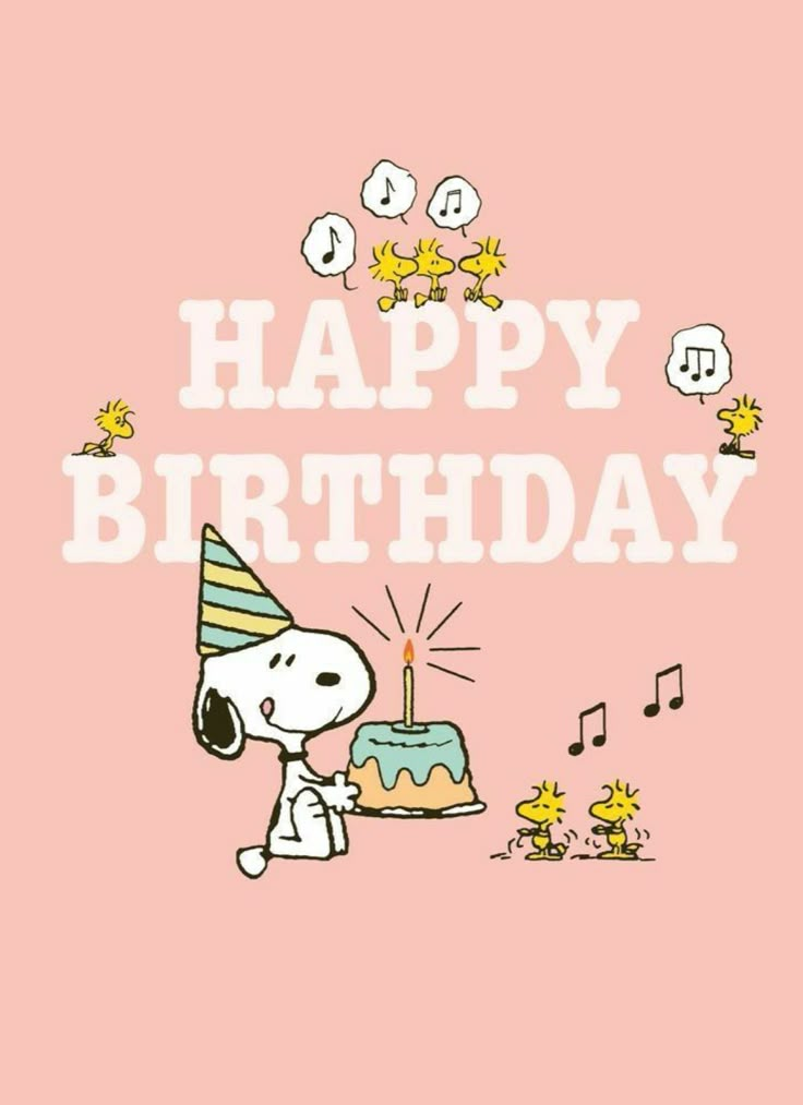 a cartoon character holding a birthday cake with the words happy birthday written in white on a pink background