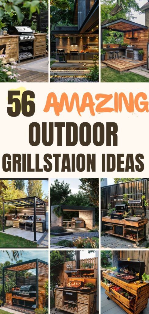 an outdoor grill station made out of pallets and wood with text overlay that reads,