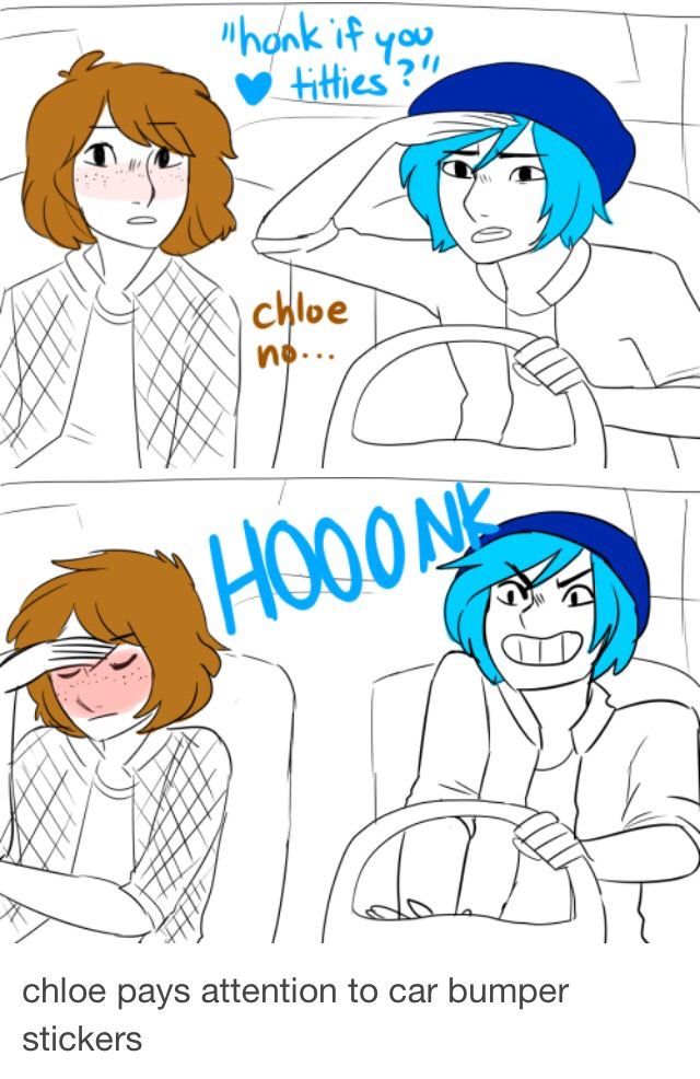 two cartoon pictures with the same person sitting in a car, and one is holding her head