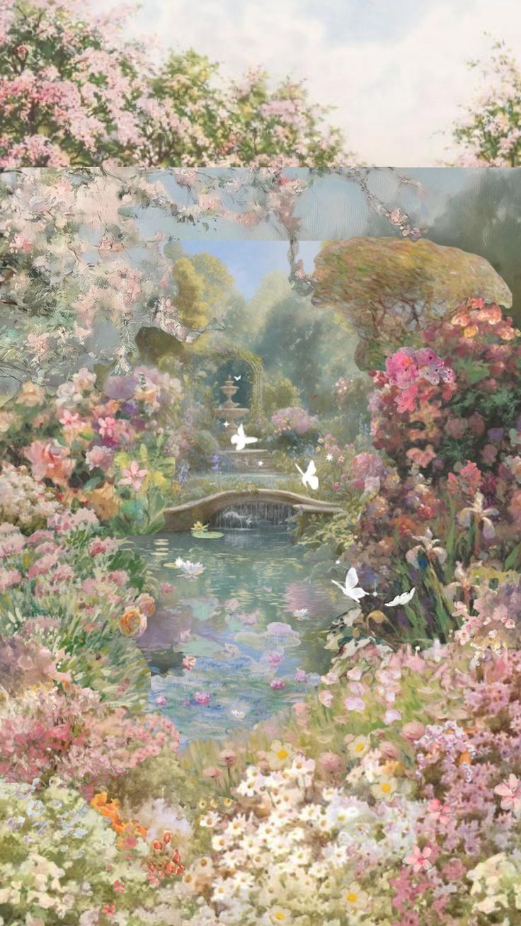 a painting of flowers and birds flying over a pond with a bridge in the background