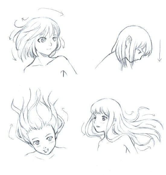 four different drawings of girls with long hair