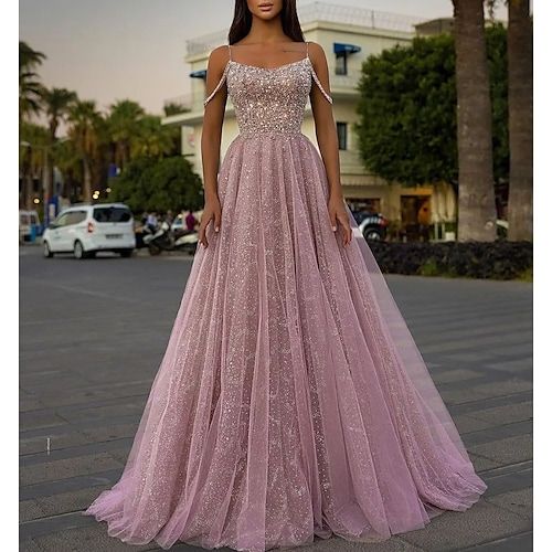 Pink Sequin Prom Dress, Prom Dress Tulle, A Line Evening Dress, Gowns For Women, Sequin Prom Dress, Evening Party Gowns, Dress Tulle, Tulle Ball Gown, Applique Dress