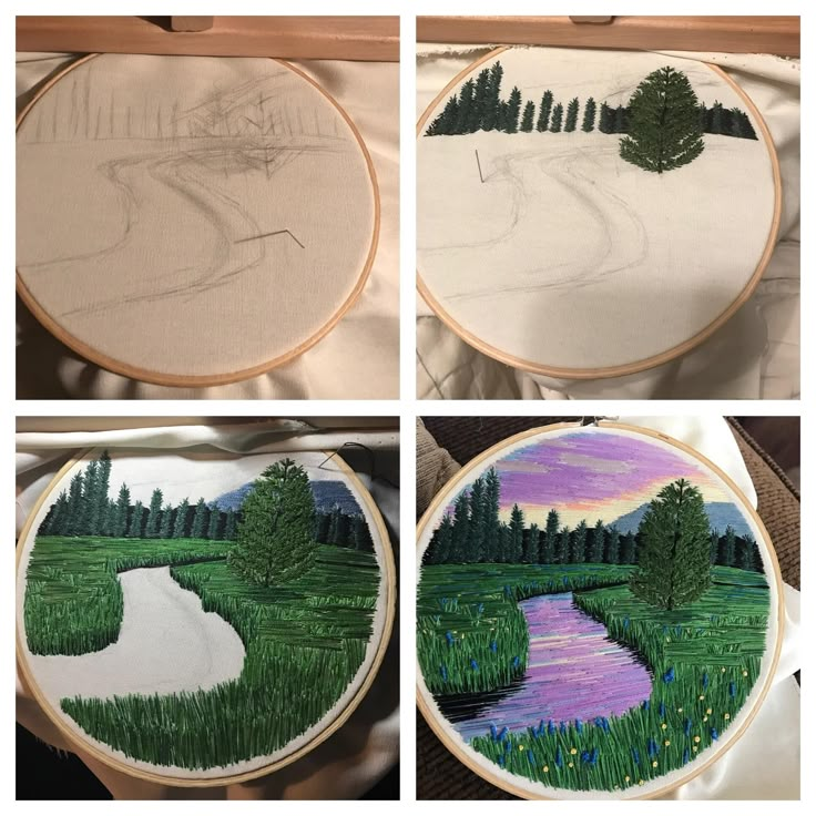 four different pictures show the process of embroiderying trees, water, and grass on fabric