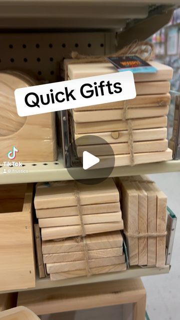 wooden boxes are stacked on top of each other and labeled with the words, quick gifts