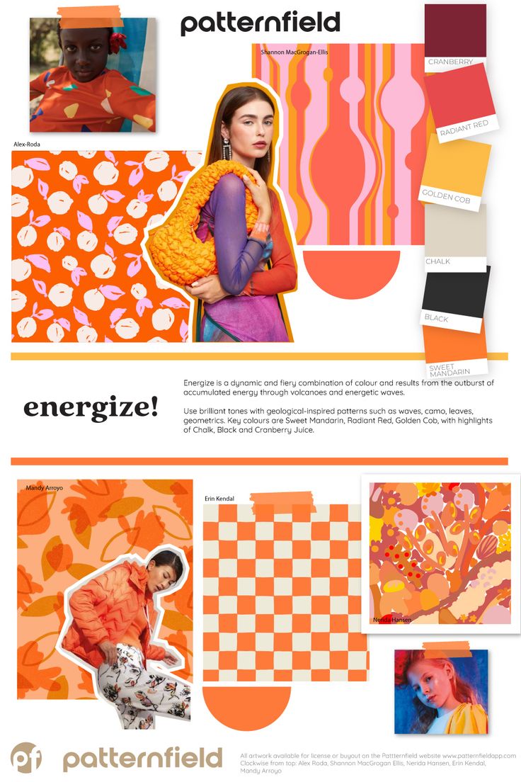 an orange and pink poster with many different colors