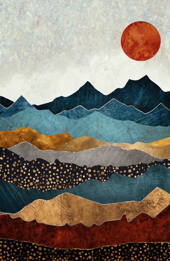 an abstract painting with mountains and dots on the bottom, in shades of blue, brown, gold and white