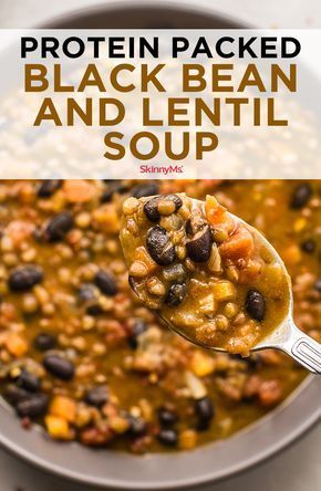 a spoon full of black bean and lentil soup with text overlay that reads, protein packed black bean and lentil soup