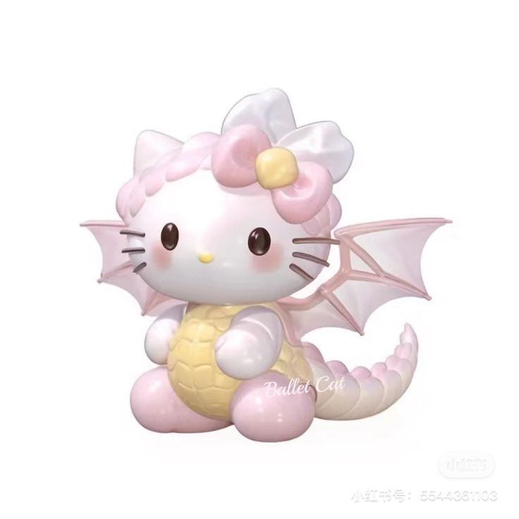 a hello kitty figurine sitting on top of a white surface next to a pink dragon