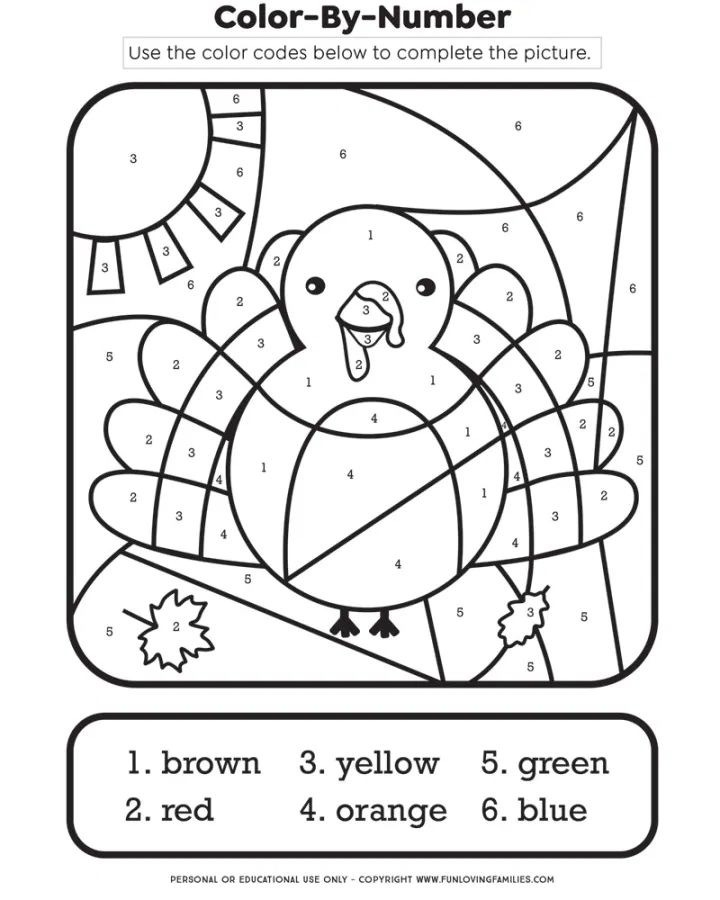 the color by number turkey is shown in this printable coloring page for kids to color