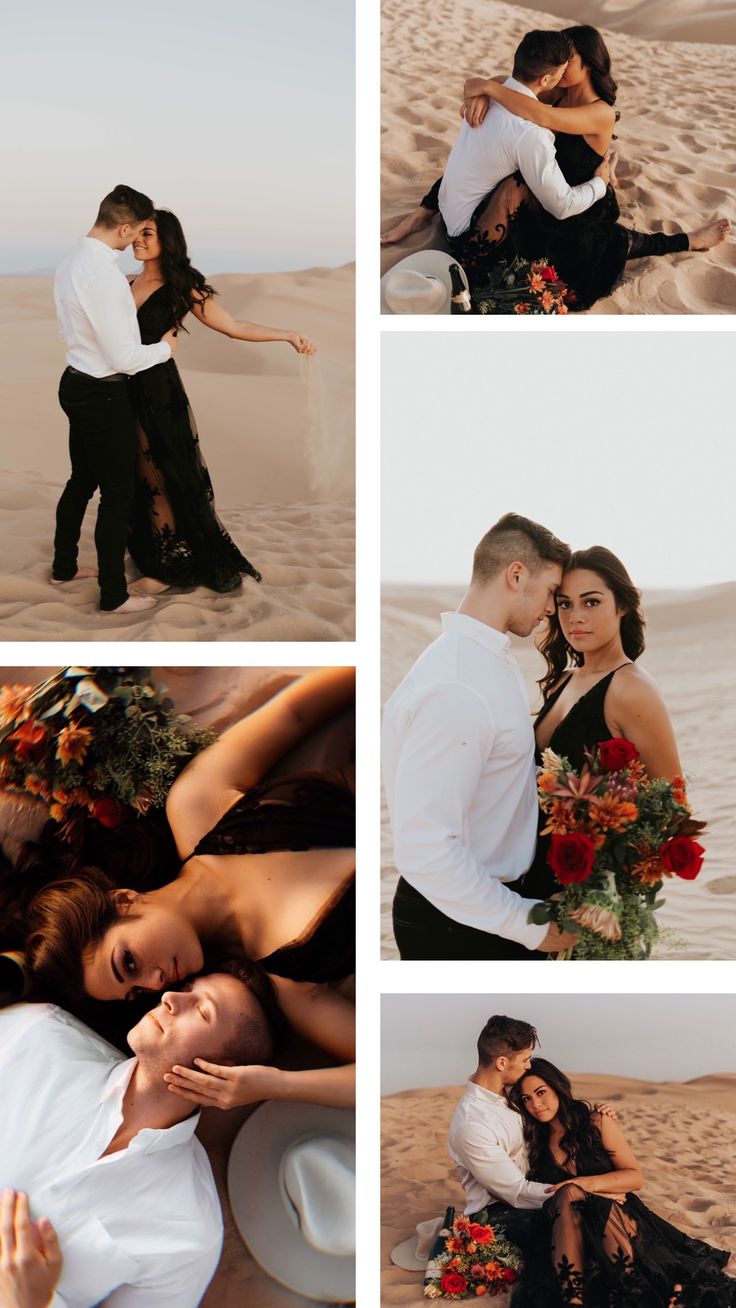 four different shots of people in the desert, one is hugging and another is holding flowers