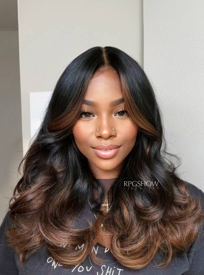 WigzbyKrystel012 - Middle Part Long Wavy Brown with Dark Roots Ombre Lace Front Wig Black Ombre Wigs, African American Hair Color Wigs, Long Dark Brown Wigs, Midfle Part Wig, Baby Lights Chic, Chocolate Brown Hair Lace, Mix Blend Wig, Dramatic High And Low Lights, Fall Closure Wigs