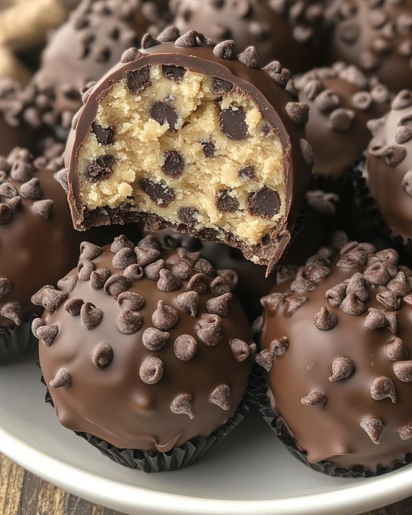 chocolate covered cupcakes on a plate with one cut in half