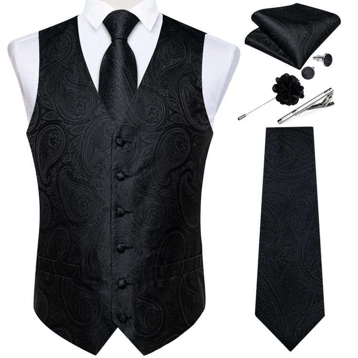 PRICES MAY VARY. 【PURCHASE CONTAINS】Silk Black Paisley Vest+Necktie+Lapel Pin+Pocket Square+Cufflinks+Tie Clip.It's Proper gift for Christmas Day, Valentine's Day, Thanksgiving Day,Father's Day, Anniversary,birthday ect 【MATERIAL and CRAFT】High quality black waistcoat and necktie are made from Silk. 2000 stitches jacquard woven craft, high-density fabric makes the suit vest and tie durable, non-deformed ,no pilling,no fading,and soft with a genuine look and feel 【ELEGANT DESIGN�】Jacquard woven pa Mens Wedding Suit, Blue Suit Vest, Silk Formal Dress, White Waistcoat, Men Waistcoat, Wedding Waistcoats, Tuxedo Vest, Floral Necktie, Waistcoat Men